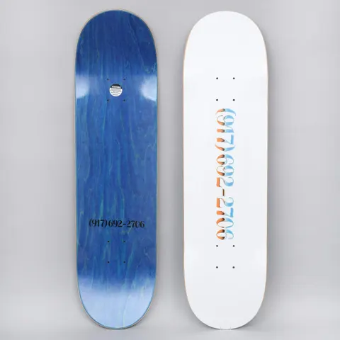 917 17 8.25 Chrome Dialtone Slick White skateboard deck: A white deck with a phone number set vertically in ornate chrome-effect numerals shaded blue and orange. The blue-stained underside repeats the number in plain black type with a warning sticker.
