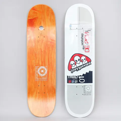 Alien Workshop Joey Guevara Triad Icon skateboard deck: White deck in a technical, design-sheet layout with grey panels and dot grids. A red dome holds three white alien heads over Joey Guevara; Triad 01 Limited is in a navy block. Orange underside shown beside it.