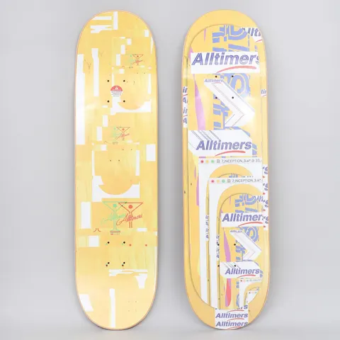 Alltimers Glitch Yellow skateboard deck: Glitchy digital collage of overlapping Alltimers logos, window title bars and cut-out shapes in white and blue-purple on a yellow-stained deck, with martini glass logos on the underside.
