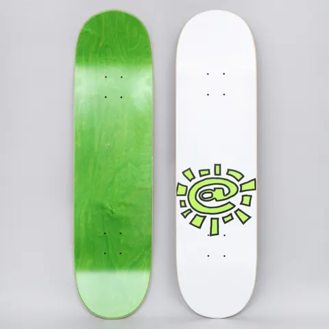 Always @Sun White skateboard deck: Both sides shown. A lime green sun with an at-sign in the centre and chunky outlined rays is printed low on a white deck. The underside is stained green.