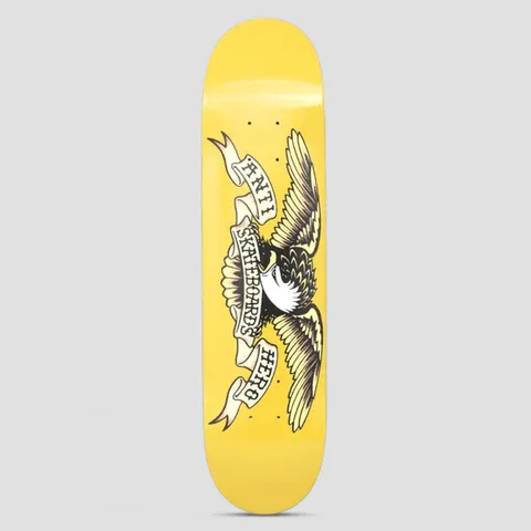 Anti Hero Classic Eagle Mini Yellow skateboard deck: The Anti Hero eagle with spread brown and cream wings clutching a banner that reads Anti Hero Skateboards, on a plain yellow deck.