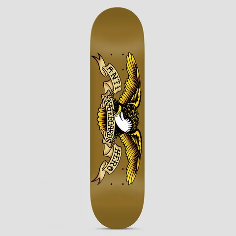 Anti Hero Classic Eagle Brown skateboard deck: The classic Anti Hero eagle in yellow, black and white, wings spread, clutching a scroll banner with the brand name, on a plain brown deck. Traditional tattoo-flash style.