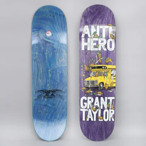 Anti Hero Taylor Maka Bus skateboard deck: A yellow minibus surrounded by swarming cockroaches, beer bottles and spilt drink, with scribbled signatures and notes across the top, under large white block lettering for the brand and rider names, on a purple stain.