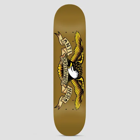 Anti Hero Team Classic Eagle Brown skateboard deck: The classic Anti Hero eagle with spread yellow and brown wings, a white head, and a scroll banner reading Anti Skateboards Hero, drawn in a traditional tattoo style on a flat brown deck.