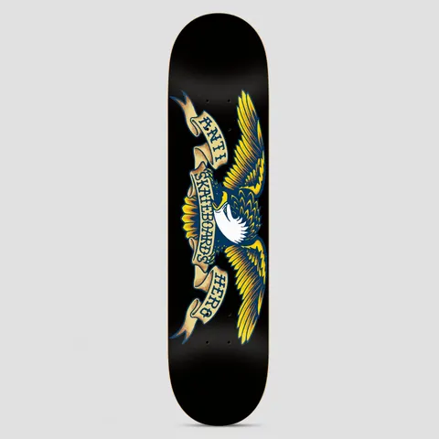 Anti Hero Team Classic Eagle Black skateboard deck: The classic Anti Hero eagle with spread gold and navy wings, a white head and a cream scroll banner reading Anti Skateboards Hero, in traditional tattoo style on a black deck.