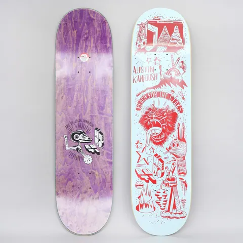 Anti Hero Kanfoush Reach For The Stars Blue skateboard deck: Pale blue deck covered in red line drawings including a roaring gorilla, a hand, stars, flames and a building and mountain scene, with Austin Kanfoush and Reach for the Stars lettering. The photo also shows the purple-stained underside with artist credit.