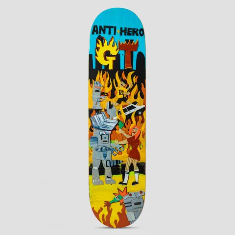 Anti Hero Taylor Kenji Goto Multi skateboard deck: A cut-corrugated-cardboard style scene of grey robots, a burning city, a police car and a red-haired woman in front of orange flames on a blue sky. Flaming GT letters sit below the Anti Hero logo.