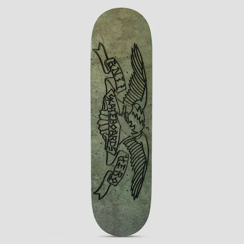 Anti Hero Treasure Island Eagle Short Grey skateboard deck: A black outline of the Anti Hero eagle with banner lettering, in a raised or embossed line style over a mottled grey-green deck.