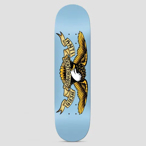 Anti Hero Classic Eagle Light Blue II skateboard deck: The Anti Hero eagle logo in black, gold and white, wings spread, with a banner across its chest reading Anti Skateboards Hero, on a plain light blue deck.
