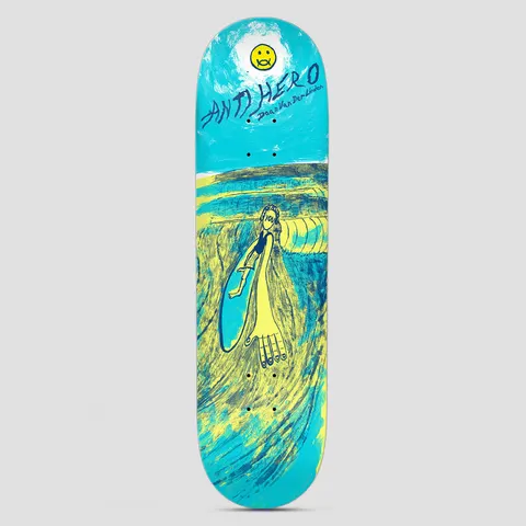 Anti Hero Daan Expressions Blue skateboard deck: Naive, childlike painting of a figure holding a surfboard in front of a breaking wave, in blue and yellow brushstrokes. A smiley face sun sits at the top beside Anti Hero handwriting.