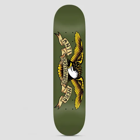 Anti Hero Classic Eagle Olive skateboard deck: Tattoo-style eagle with spread yellow and brown wings gripping a scroll banner with the brand name, centred on a plain olive green deck.