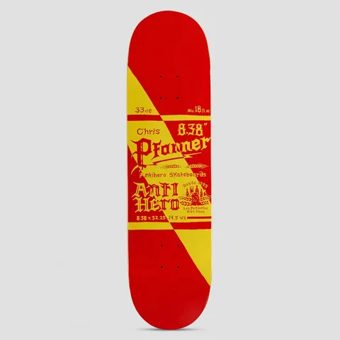 Anti Hero Pfanner Mas Refrescos Red skateboard deck: A parody beer-can label in red and yellow with a diagonal split, featuring Chris Pfanner in gothic type, Anti Hero lettering, wheat and a building emblem. Size details are printed on the label.