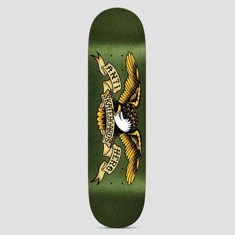 Anti Hero Team Classic Eagle Easy Rider Army skateboard deck: Anti Hero eagle with spread golden wings and a white head, clutching banners with the brand name, in traditional tattoo style on a glittery army-green deck.