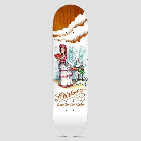 Anti Hero Daan Flatulent Beauties skateboard deck: Illustrated 18th-century lady in a red and white gown holding a fan, in a drawing room with a small white dog running by, under a puffy cloud pattern on a wood-stained top. Script logo and rider name below.