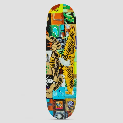 Anti Hero Team Kenji Goto Eagle Multi skateboard deck: The Anti Hero eagle with a banner in yellow and black corrugated cardboard collage, set against a patchwork of colourful cardboard tiles showing faces, a skull and other small figures.