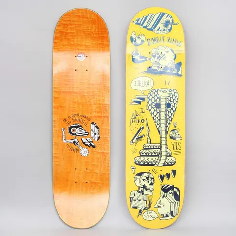 Anti Hero Russo Reach For The Stars Yellow skateboard deck: Yellow deck covered in a collage of hand-drawn cartoon doodles in blue and cream: a large coiled cobra at the centre, skull-headed figures, a smoking head, a pipe and speech bubbles. Rider name printed at the top.