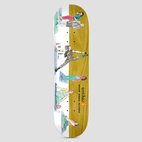 Anti Hero Doobie I Farted In Yoga Class skateboard deck: Watercolour illustration of a yoga class: people on mats stretching and sitting, with one tattooed figure in torn clothes doing a leg stretch in the centre. The deck is split, white on the left and yellow-brown wood veneer on the right.