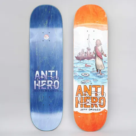 Anti Hero Grosso Plastics Full skateboard deck: Painted scene of a robed figure standing on floating plastic waste in a polluted sea, with a boat of people behind, over an orange-edged white deck with large Anti Hero logo.