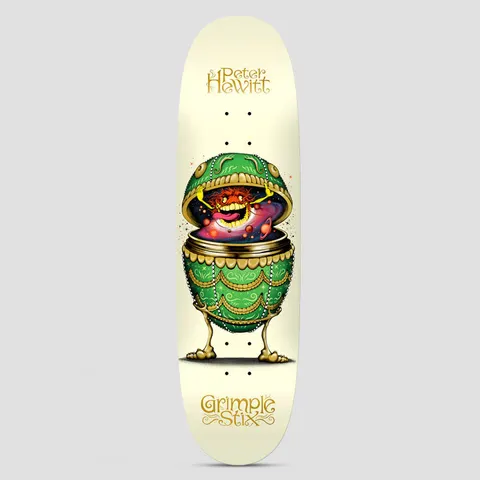 Anti Hero Hewitt Grimple Stix Fabrage Egg Cream skateboard deck: Green jewelled Fabergé-style egg on clawed feet, opened to reveal a grinning yellow-toothed creature with a galaxy swirl and planets inside, on a cream deck with gold name and Grimple Stix lettering.