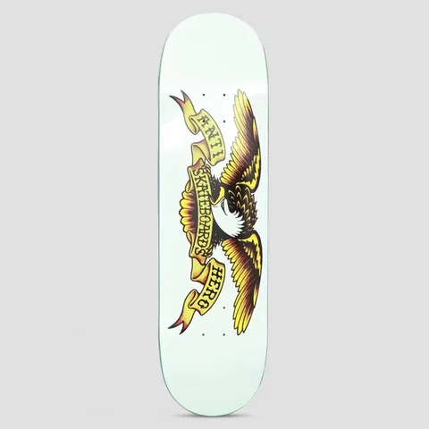 Anti Hero Classic Eagle XXL White skateboard deck: A large tattoo-style eagle with spread wings clutching a curling yellow banner, set across the middle of a pale off-white deck.
