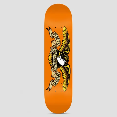 Anti Hero Team Classic Eagle Orange skateboard deck: Bright orange deck with the Anti Hero eagle in tattoo style, black and yellow wings spread, clutching a scroll banner that reads 'Anti Skateboards Hero'.