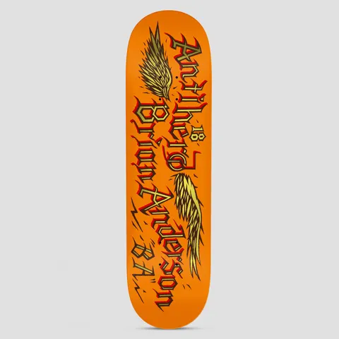 Anti Hero Brian Anderson Customs Orange skateboard deck: Blackletter-style lettering in gold with red shadow spelling Anti Hero and Brian Anderson along the deck, flanked by two feathered wings, on a bright orange deck.