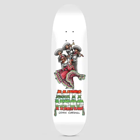 Anti Hero Cardiel Liberdad White skateboard deck: Three mariachi musicians with sombreros playing guitar, trumpet and violin above a dancer in a layered striped dress, over a large red, white and green papel picado style lettering, on a white deck.