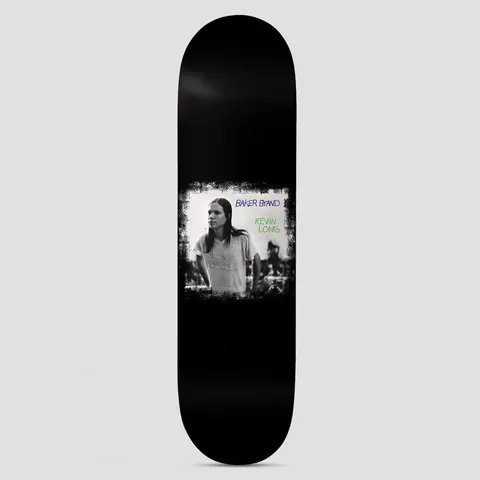 Baker Kevin Spanky Long Spanky Jr skateboard deck: A black and white photograph of a long-haired young man in a t-shirt, framed by a rough distressed border, with handwritten Baker Brand and Kevin Long text, on a plain black deck.