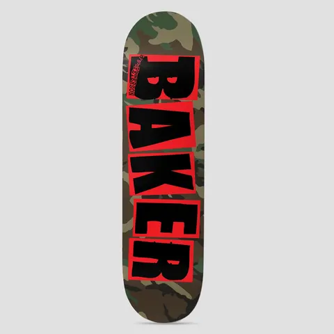 Baker Tyson Peterson Brand Logo Camo skateboard deck: Woodland camouflage deck with the Baker logo in large black letters, each on a red square, running down the length, and a small red Tyson Peterson name along the nose.