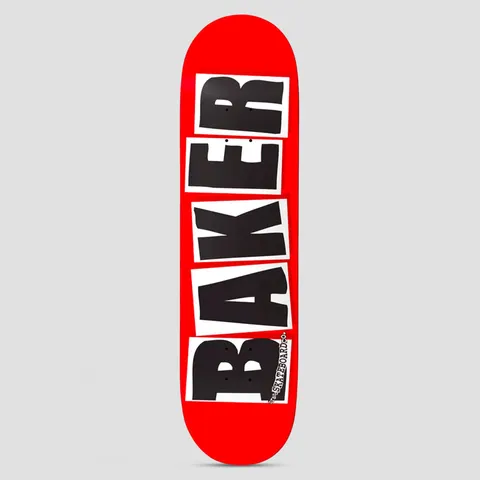 Baker 5 Brand Logo Red / Black skateboard deck: Baker logo with big black letters on white torn-paper blocks, stacked down a red deck, with Skateboard Co. in small text along the side.