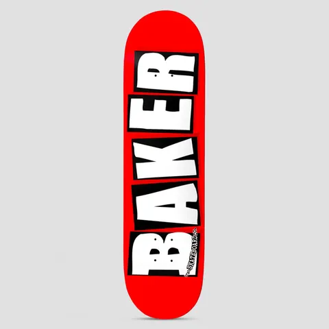 Baker Brand Logo Red / White skateboard deck: Classic Baker logo running the length of the deck in chunky white hand-cut letters, each boxed in black, on a solid red background with small 'Skateboard Co.' text beside the B.