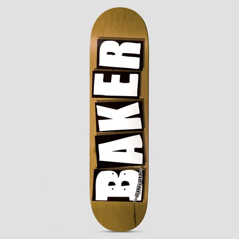 Baker Brand Logo Veneers skateboard deck: Baker in large white block capitals on black rectangles, stacked down the deck, with a small Skateboard Co. tag at the bottom, over a natural brown wood-stained veneer.