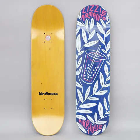 Birdhouse Armanto Boba skateboard deck: A white-outlined bubble tea cup with a straw sits among white leafy branches on a blue deck. The rider name is in pink hand-drawn capitals at the nose, and Birdhouse at the tail.