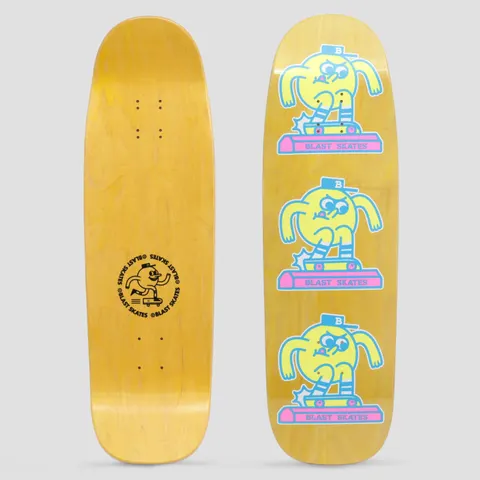 Blast Custom Shape Curb Club Yellow skateboard deck: Three yellow Blast mascot characters in blue caps, each grinding a pink curb marked Blast Skates, are stacked down a yellow-stained cruiser shaped deck. The underside has a circular Blast Skates stamp.