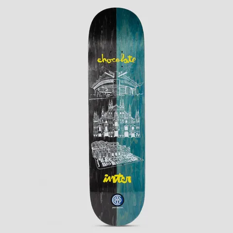 Chocolate Inter Milan Jesus Fernandez Multi skateboard deck: Deck split down the middle into black and teal stained halves, with white line drawings of Milan's stadium, cathedral and a building below. Yellow brush-script Chocolate at the top and Inter at the bottom, above a round club badge.