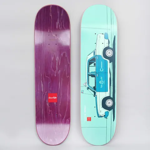 Chocolate Stevie Perez World Taxis Aqua skateboard deck: Line-drawn side view of a Cuban taxi car in white, teal and blue on a pale aqua background, with a small Cuban flag and a skater beneath the car. Rider name printed beside it.