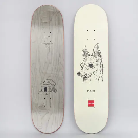 Chocolate Stevie Perez Big Dawg Cream skateboard deck: Cream deck with a fine black pen-and-ink portrait of a chihuahua's head in profile, captioned with its name above a small red Chocolate square logo.