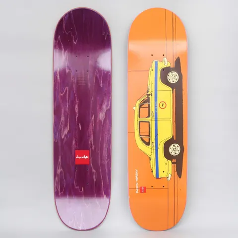 Chocolate Raven Tershy World Taxis Orange skateboard deck: Side view of a yellow vintage taxi with a blue stripe and cream wheels, drawn in a flat illustrative style on an orange background with thin panel lines. Rider's name and small Chocolate logo at the tail.