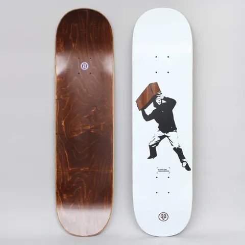 Cleaver Boxsy White skateboard deck: Black and white stencil-style figure of a man in a dark sweater and boots stepping forward and lifting a wooden crate overhead, on a white deck. Small label and logo below. Brown wood underside shown alongside.