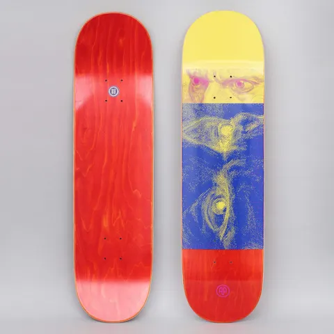 Cleaver Bucchieri Eyes Yellow skateboard deck: Top of the deck in yellow, blue and red colour blocks, with a coarse halftone close-up of a face with pink-tinted eyes and a hand over the mouth printed across the middle. A small circular logo sits near the tail.