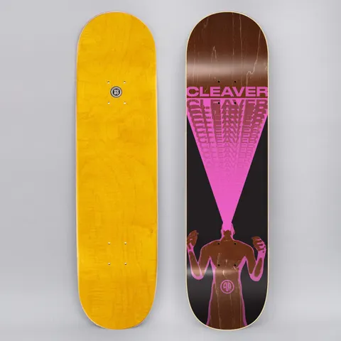 Cleaver Scream Black / Pink skateboard deck: Pink and brown silhouette of a figure with raised fists screaming a cone of light upward that fades into repeated Cleaver lettering, on a black panel over brown stain.