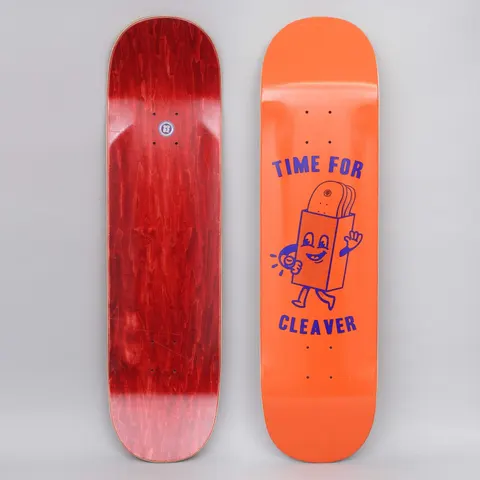 Cleaver Time For Orange skateboard deck: Blue single-colour print on an orange deck of a smiling cartoon deck box character walking with a stack of decks poking out of its top, one hand waving, with the slogan above and below.