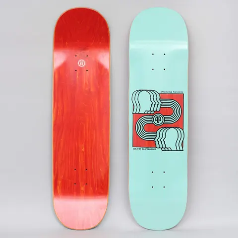 Cleaver Spreading Aqua skateboard deck: Aqua deck with a red square containing a line illustration of stacked profile heads at top and bottom, joined by a looping striped ribbon with a small circular logo at the centre.