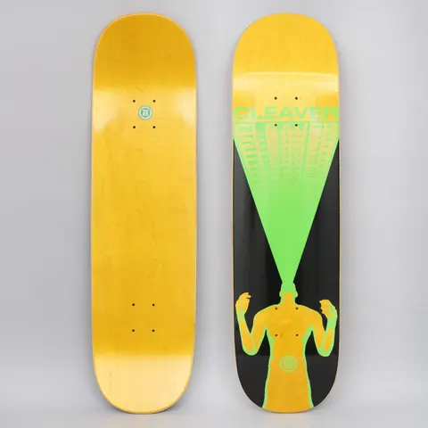 Cleaver Scream Black / Green skateboard deck: Silhouetted figure with raised fists, head replaced by a green beam widening upward into repeating CLEAVER lettering that fades out, on a black panel over a yellow-stained deck.