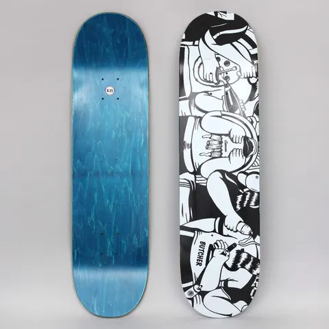 Cleaver Bucchieri Churros White skateboard deck: Black and white cartoon scene of overlapping figures eating, with a figure drinking from a bottle, a man in a bib holding a fork and a character with a striped tail. Butcher and small Cleaver logo visible; blue stained bottom view alongside.