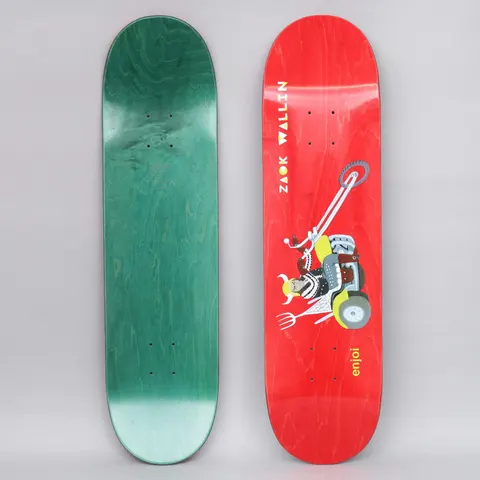 Enjoi Wallin Over Board R7 Red skateboard deck: Red deck with a small illustration of a horned helmeted figure riding a chunky motorised tricycle with a long handlebar and holding a pitchfork. Zack Wallin lettered up the nose, small enjoi at the tail. The underside is green.