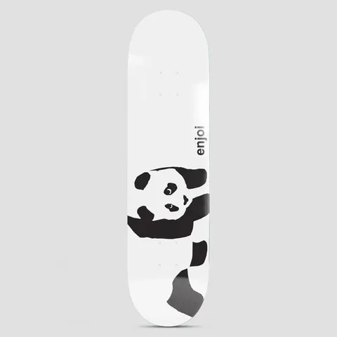 Enjoi Whitey Panda R7 White skateboard deck: Large black and white panda clinging to the side of an all-white deck, with the brand name printed vertically above it.