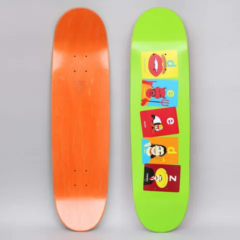 Enjoi Deedz Flashcards R7 Green skateboard deck: Five colourful flashcards stacked down a lime green deck, spelling D-E-E-D-Z, each with a cartoon picture: lips, a devil, a panda, a long-haired man and a moustached man in a sombrero.