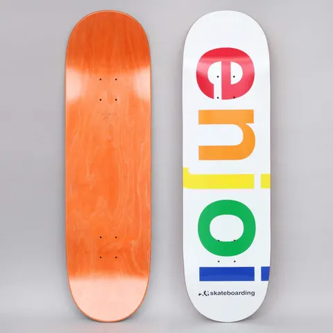 Enjoi Spectrum R7 White skateboard deck: Large lower-case 'enjoi' lettering set vertically, each letter in a different spectrum colour (red, orange, yellow, green, blue), on a white deck. Small panda logo and 'skateboarding' in dark type at the tail. Orange underside also shown.