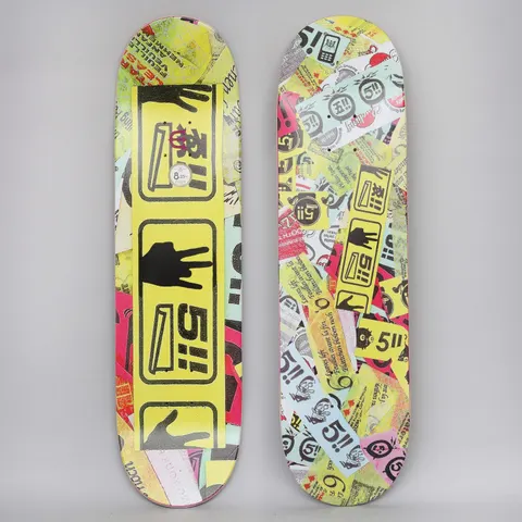 Evisen Last 5 skateboard deck: Collage of torn stickers, labels and tickets in yellow, pink and pale blue, with stacked yellow panels showing black hand silhouettes and a '5!!' mark. Photo shows top and bottom of the deck.